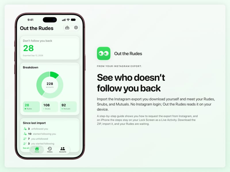 The Out the Rudes share image, showing the app on iPhone 18 Pro Max with its icon, name and headline for the Papermoon account, in the Green tint, light appearance.