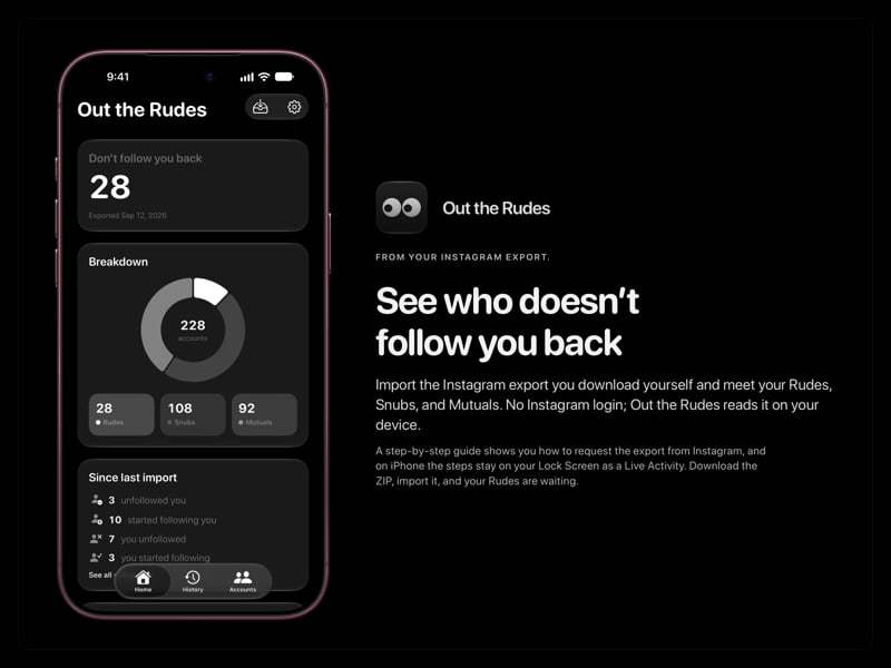 The Out the Rudes share image, showing the app on iPhone 18 Pro Max with its icon, name and headline for the Papermoon account, in the Grey tint, dark appearance.