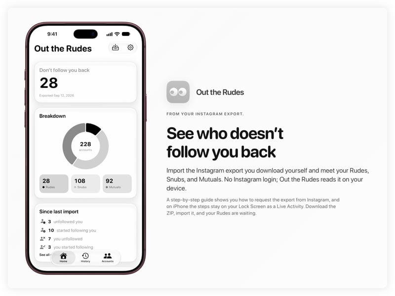 The Out the Rudes share image, showing the app on iPhone 18 Pro Max with its icon, name and headline for the Papermoon account, in the Grey tint, light appearance.