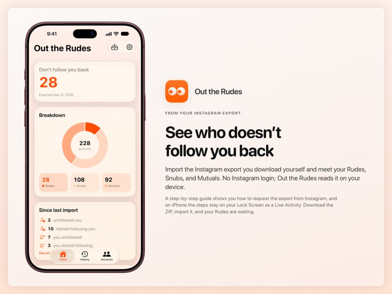 The Out the Rudes share image, showing the app on iPhone 18 Pro Max with its icon, name and headline for the Papermoon account, in the Orange tint, light appearance.