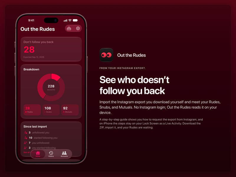 The Out the Rudes share image, showing the app on iPhone 18 Pro Max with its icon, name and headline for the Papermoon account, in the Pink tint, dark appearance.