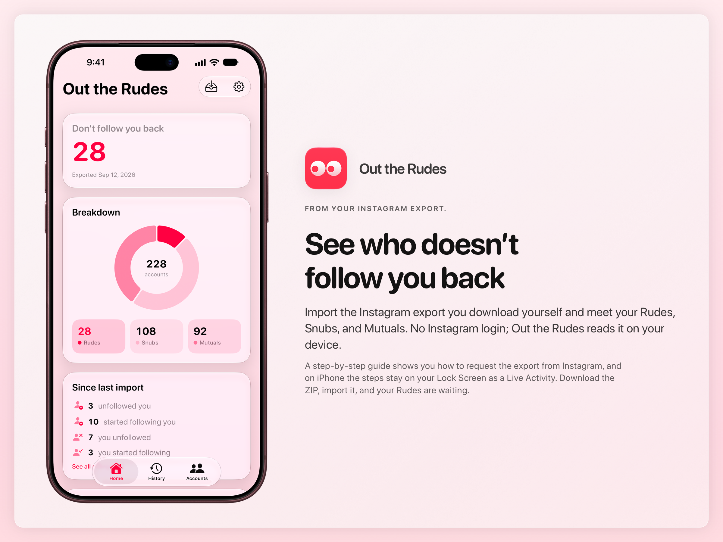 The Out the Rudes share image, showing the app on iPhone 18 Pro Max with its icon, name and headline for the Papermoon account, in the Pink tint, light appearance.