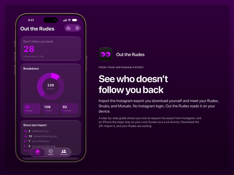 The Out the Rudes share image, showing the app on iPhone 18 Pro Max with its icon, name and headline for the Papermoon account, in the Purple tint, dark appearance.