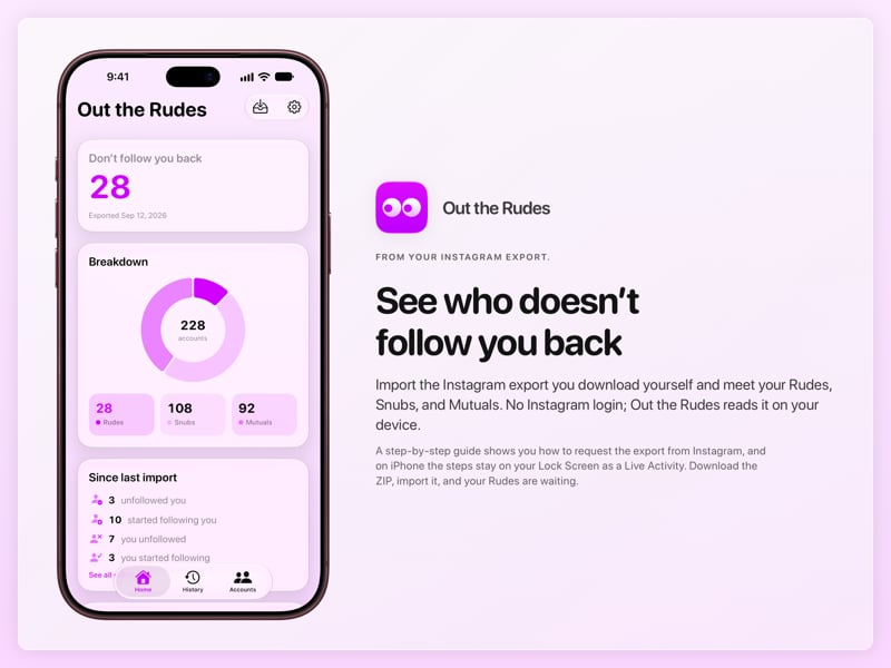 The Out the Rudes share image, showing the app on iPhone 18 Pro Max with its icon, name and headline for the Papermoon account, in the Purple tint, light appearance.