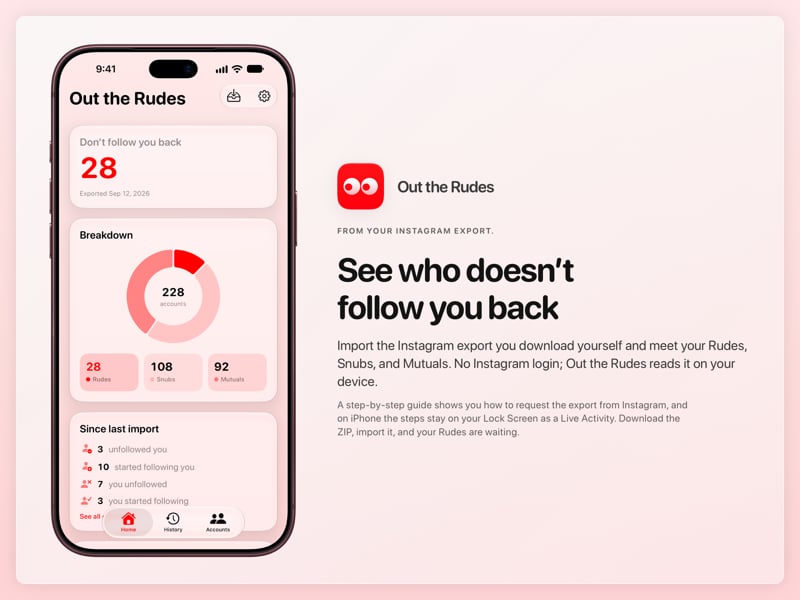 The Out the Rudes share image, showing the app on iPhone 18 Pro Max with its icon, name and headline for the Papermoon account, in the Red tint, light appearance.