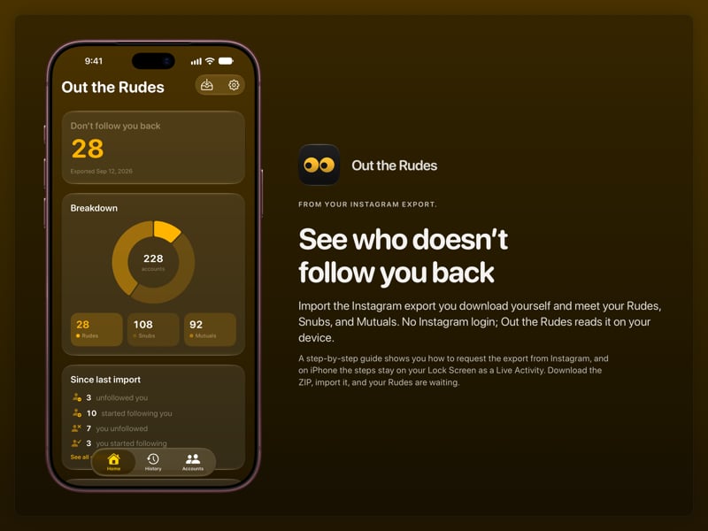 The Out the Rudes share image, showing the app on iPhone 18 Pro Max with its icon, name and headline for the Papermoon account, in the Yellow tint, dark appearance.