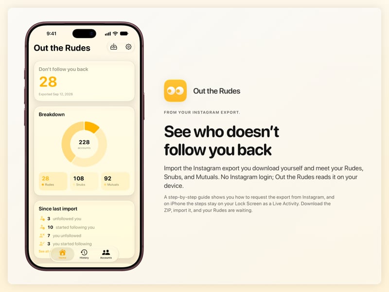 The Out the Rudes share image, showing the app on iPhone 18 Pro Max with its icon, name and headline for the Papermoon account, in the Yellow tint, light appearance.