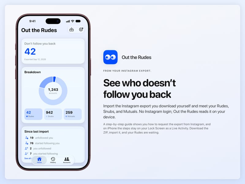 The Out the Rudes share image, showing the app on iPhone 18 Pro Max with its icon, name and headline for the Saltmarsh account, in the Blue tint, light appearance.