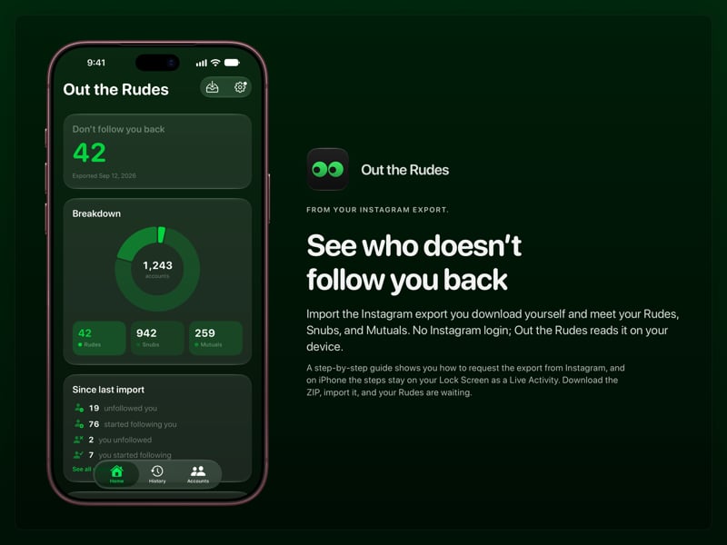The Out the Rudes share image, showing the app on iPhone 18 Pro Max with its icon, name and headline for the Saltmarsh account, in the Green tint, dark appearance.