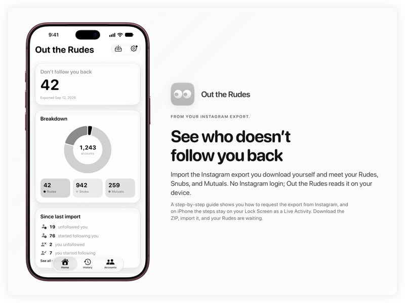 The Out the Rudes share image, showing the app on iPhone 18 Pro Max with its icon, name and headline for the Saltmarsh account, in the Grey tint, light appearance.