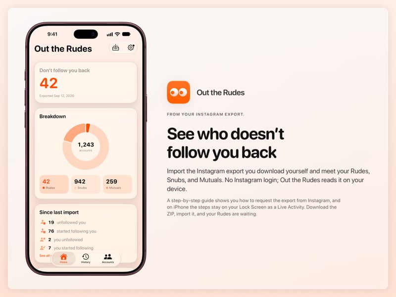 The Out the Rudes share image, showing the app on iPhone 18 Pro Max with its icon, name and headline for the Saltmarsh account, in the Orange tint, light appearance.