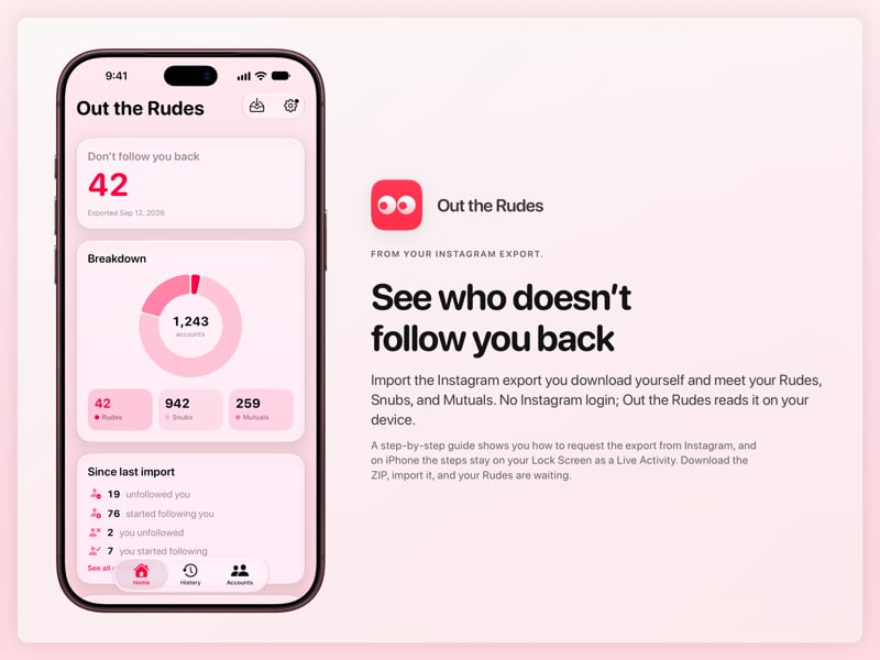 The Out the Rudes share image, showing the app on iPhone 18 Pro Max with its icon, name and headline for the Saltmarsh account, in the Pink tint, light appearance.