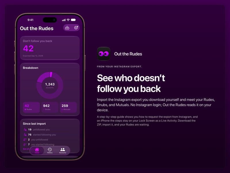 The Out the Rudes share image, showing the app on iPhone 18 Pro Max with its icon, name and headline for the Saltmarsh account, in the Purple tint, dark appearance.