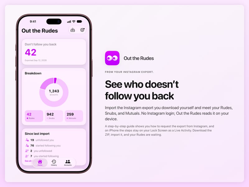 The Out the Rudes share image, showing the app on iPhone 18 Pro Max with its icon, name and headline for the Saltmarsh account, in the Purple tint, light appearance.