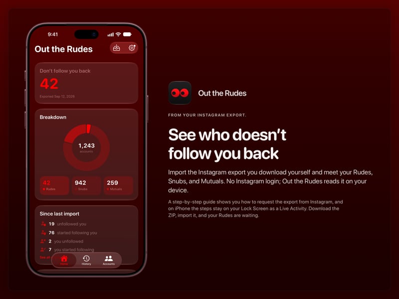 The Out the Rudes share image, showing the app on iPhone 18 Pro Max with its icon, name and headline for the Saltmarsh account, in the Red tint, dark appearance.