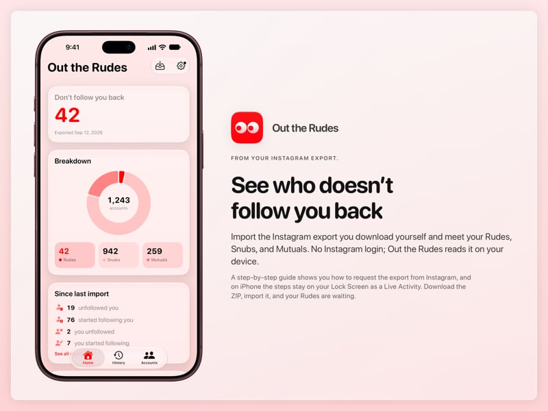 The Out the Rudes share image, showing the app on iPhone 18 Pro Max with its icon, name and headline for the Saltmarsh account, in the Red tint, light appearance.