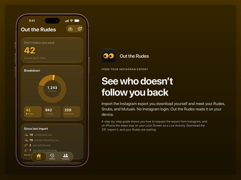 The Out the Rudes share image, showing the app on iPhone 18 Pro Max with its icon, name and headline for the Saltmarsh account, in the Yellow tint, dark appearance.