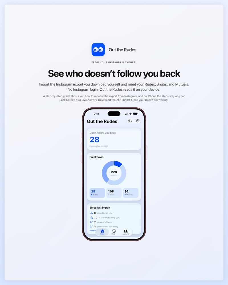 The Out the Rudes share image, showing the app on iPhone 18 Pro Max with its icon, name and headline for the Papermoon account, in the Blue tint, light appearance.