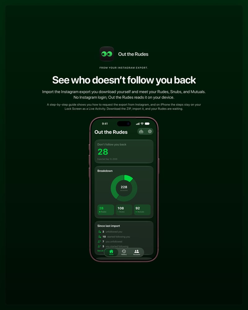 The Out the Rudes share image, showing the app on iPhone 18 Pro Max with its icon, name and headline for the Papermoon account, in the Green tint, dark appearance.