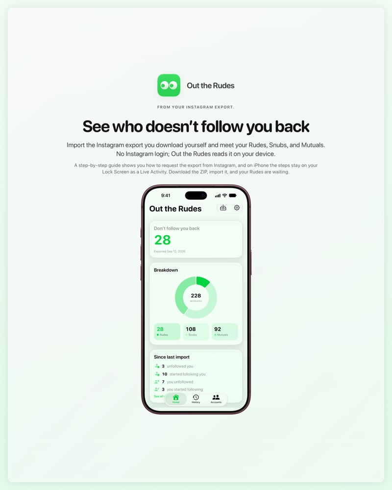The Out the Rudes share image, showing the app on iPhone 18 Pro Max with its icon, name and headline for the Papermoon account, in the Green tint, light appearance.