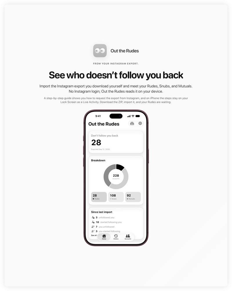 The Out the Rudes share image, showing the app on iPhone 18 Pro Max with its icon, name and headline for the Papermoon account, in the Grey tint, light appearance.
