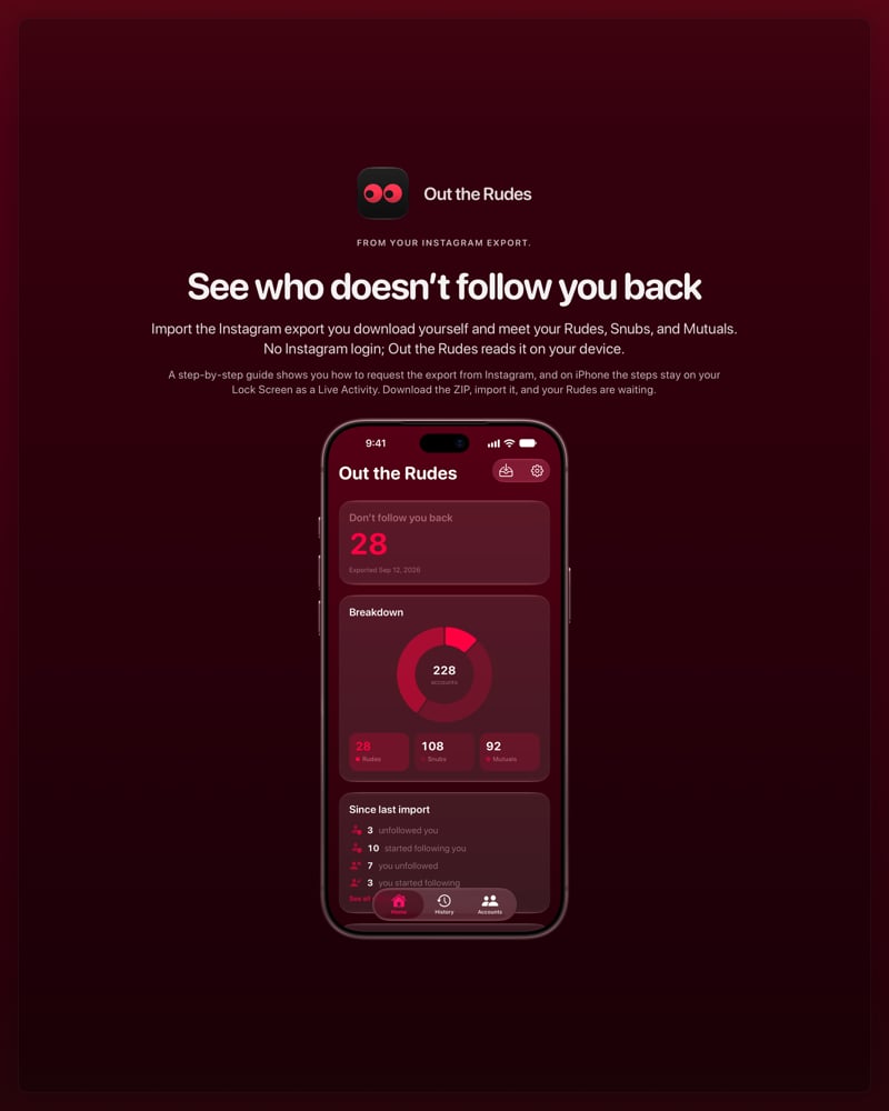 The Out the Rudes share image, showing the app on iPhone 18 Pro Max with its icon, name and headline for the Papermoon account, in the Pink tint, dark appearance.