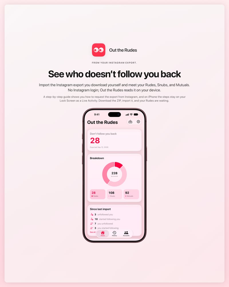 The Out the Rudes share image, showing the app on iPhone 18 Pro Max with its icon, name and headline for the Papermoon account, in the Pink tint, light appearance.