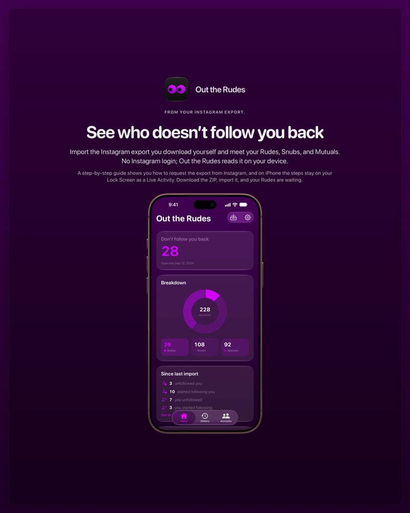 The Out the Rudes share image, showing the app on iPhone 18 Pro Max with its icon, name and headline for the Papermoon account, in the Purple tint, dark appearance.