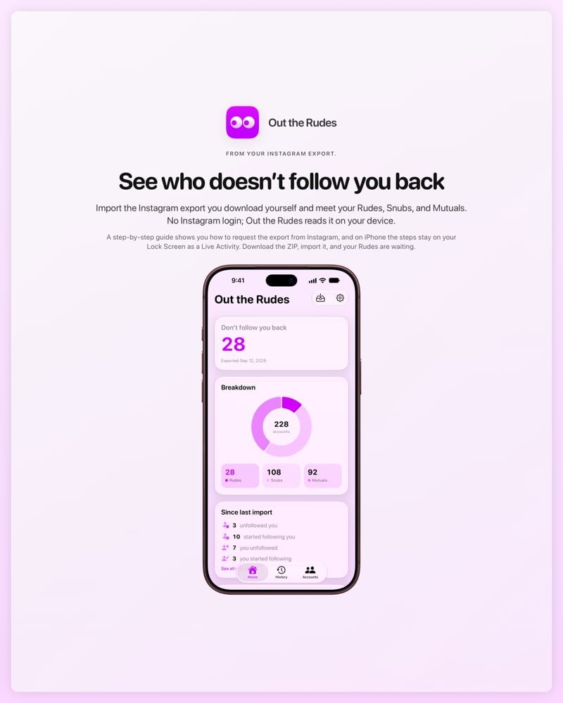 The Out the Rudes share image, showing the app on iPhone 18 Pro Max with its icon, name and headline for the Papermoon account, in the Purple tint, light appearance.