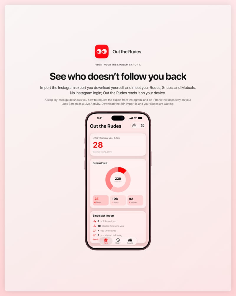 The Out the Rudes share image, showing the app on iPhone 18 Pro Max with its icon, name and headline for the Papermoon account, in the Red tint, light appearance.