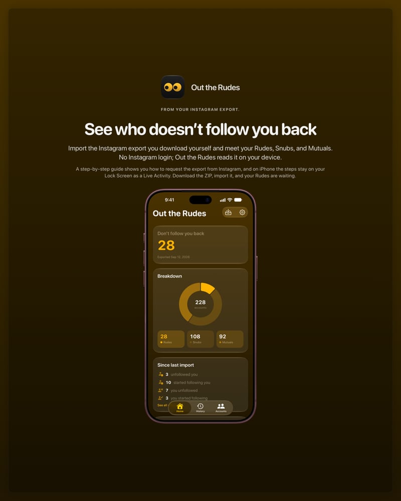 The Out the Rudes share image, showing the app on iPhone 18 Pro Max with its icon, name and headline for the Papermoon account, in the Yellow tint, dark appearance.