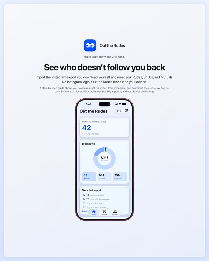 The Out the Rudes share image, showing the app on iPhone 18 Pro Max with its icon, name and headline for the Saltmarsh account, in the Blue tint, light appearance.