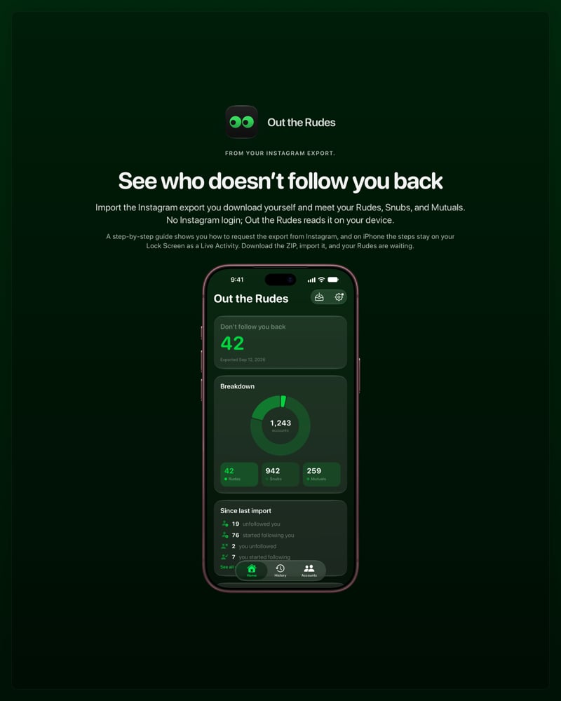 The Out the Rudes share image, showing the app on iPhone 18 Pro Max with its icon, name and headline for the Saltmarsh account, in the Green tint, dark appearance.