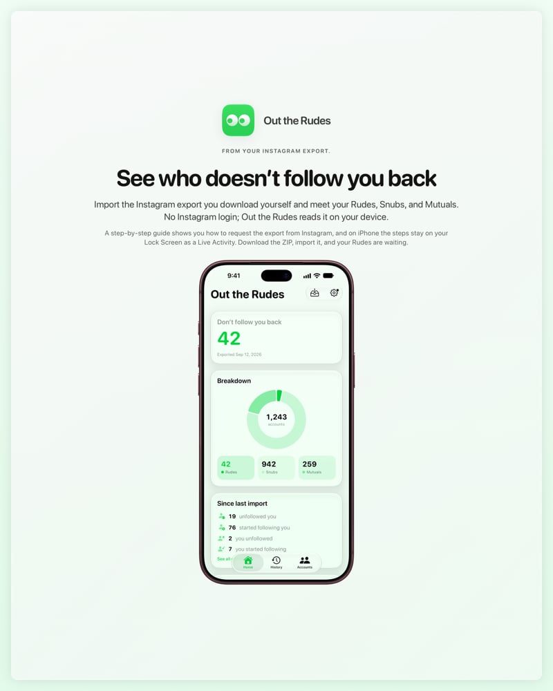 The Out the Rudes share image, showing the app on iPhone 18 Pro Max with its icon, name and headline for the Saltmarsh account, in the Green tint, light appearance.