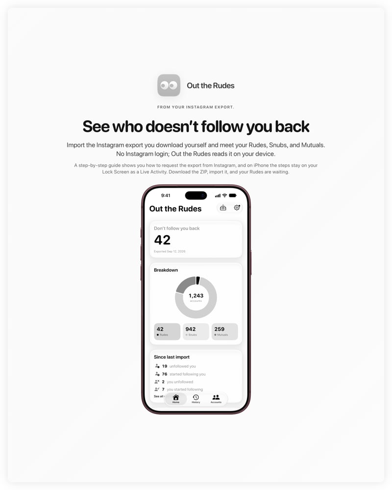 The Out the Rudes share image, showing the app on iPhone 18 Pro Max with its icon, name and headline for the Saltmarsh account, in the Grey tint, light appearance.