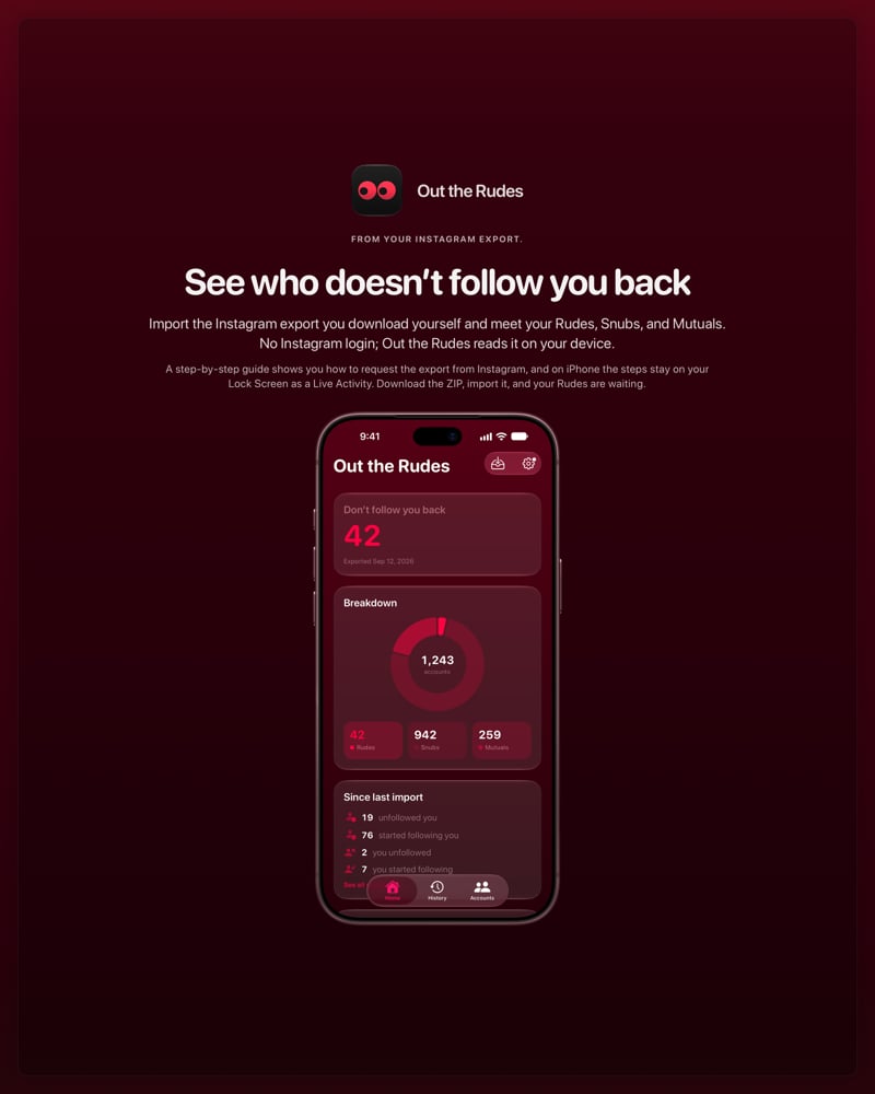 The Out the Rudes share image, showing the app on iPhone 18 Pro Max with its icon, name and headline for the Saltmarsh account, in the Pink tint, dark appearance.