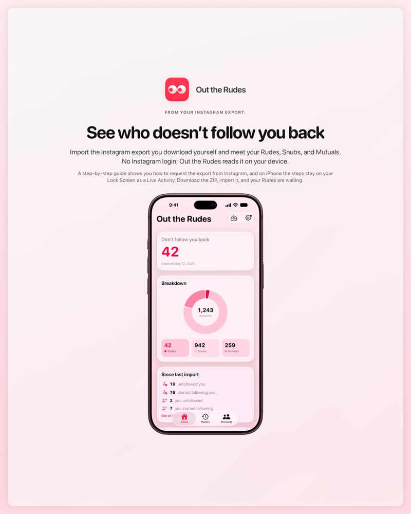 The Out the Rudes share image, showing the app on iPhone 18 Pro Max with its icon, name and headline for the Saltmarsh account, in the Pink tint, light appearance.
