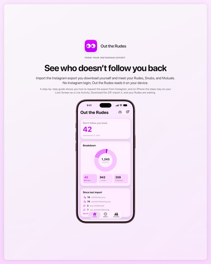 The Out the Rudes share image, showing the app on iPhone 18 Pro Max with its icon, name and headline for the Saltmarsh account, in the Purple tint, light appearance.