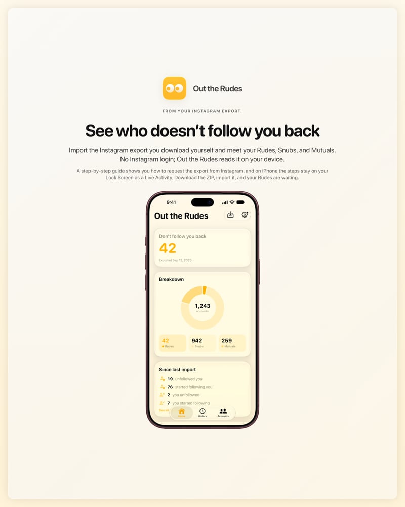 The Out the Rudes share image, showing the app on iPhone 18 Pro Max with its icon, name and headline for the Saltmarsh account, in the Yellow tint, light appearance.