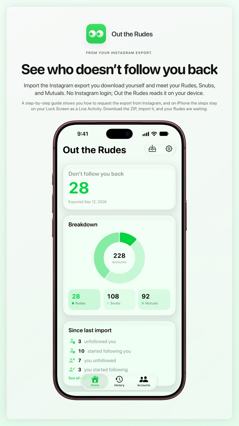 The Out the Rudes share image, showing the app on iPhone 18 Pro Max with its icon, name and headline for the Papermoon account, in the Green tint, light appearance.