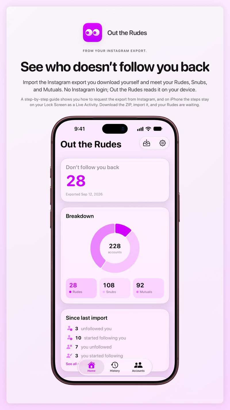 The Out the Rudes share image, showing the app on iPhone 18 Pro Max with its icon, name and headline for the Papermoon account, in the Purple tint, light appearance.