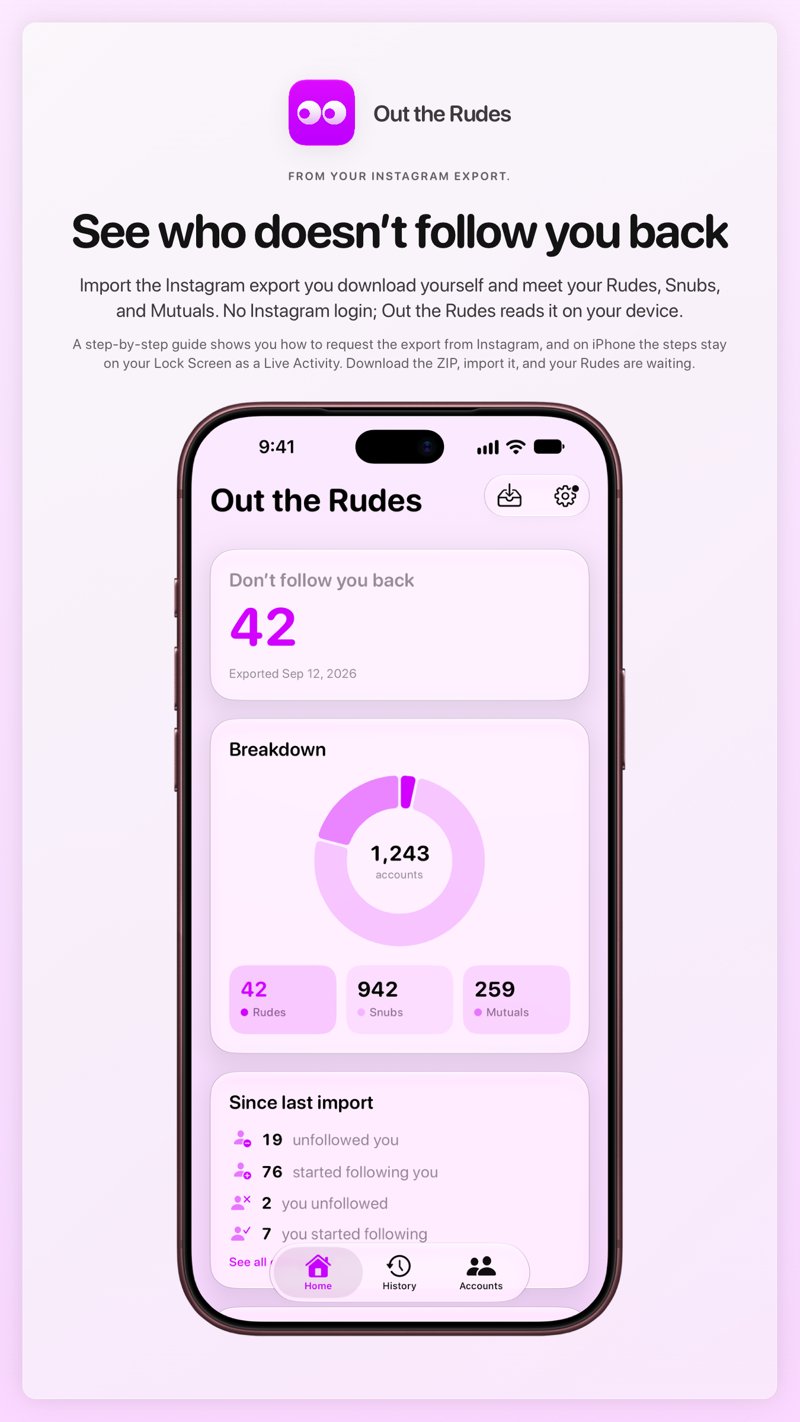 The Out the Rudes share image, showing the app on iPhone 18 Pro Max with its icon, name and headline for the Saltmarsh account, in the Purple tint, light appearance.