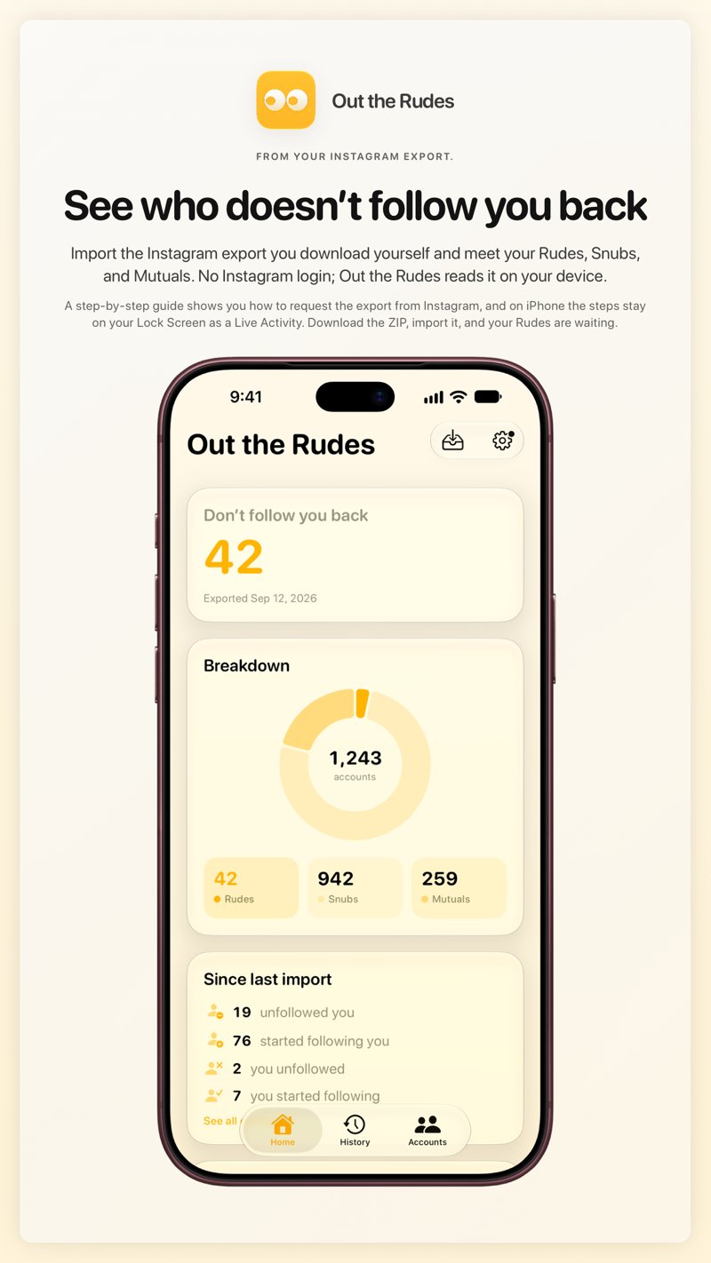 The Out the Rudes share image, showing the app on iPhone 18 Pro Max with its icon, name and headline for the Saltmarsh account, in the Yellow tint, light appearance.