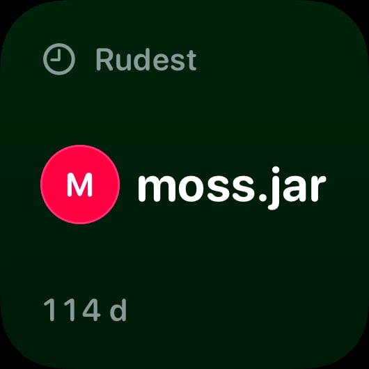 The Leaderboard widget from Out the Rudes at Small size in the Green tint, dark appearance.