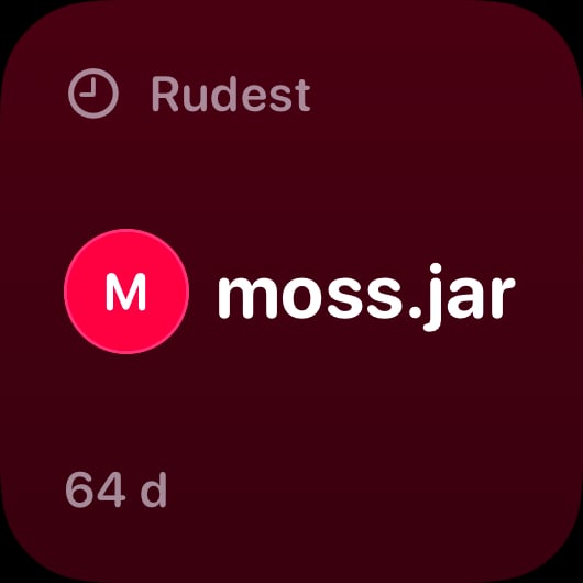 The Leaderboard widget from Out the Rudes at Small size in the Pink tint, dark appearance.