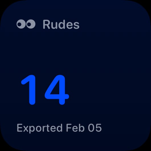 The Rudes Count widget from Out the Rudes at Small size in the Blue tint, dark appearance.