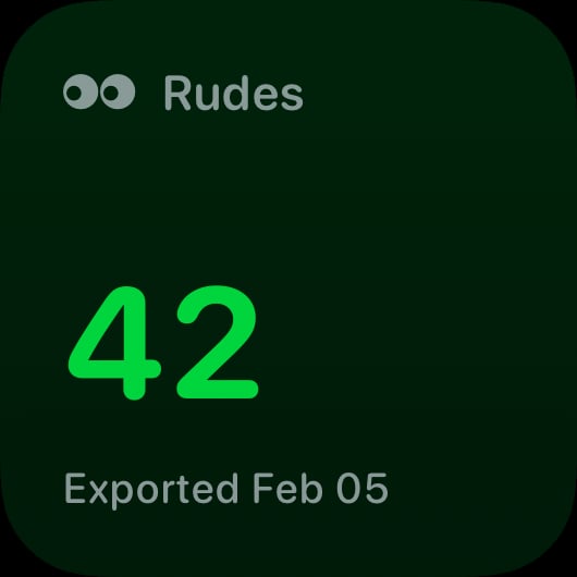 The Rudes Count widget from Out the Rudes at Small size in the Green tint, dark appearance.
