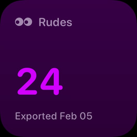 The Rudes Count widget from Out the Rudes at Small size in the Purple tint, dark appearance.