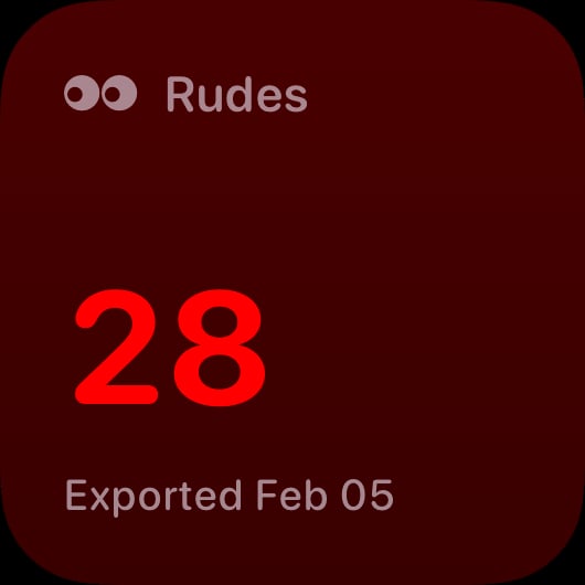 The Rudes Count widget from Out the Rudes at Small size in the Red tint, dark appearance.