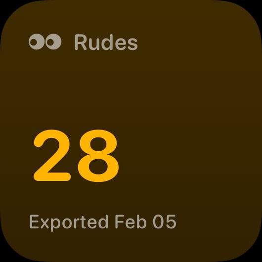 The Rudes Count widget from Out the Rudes at Small size in the Yellow tint, dark appearance.